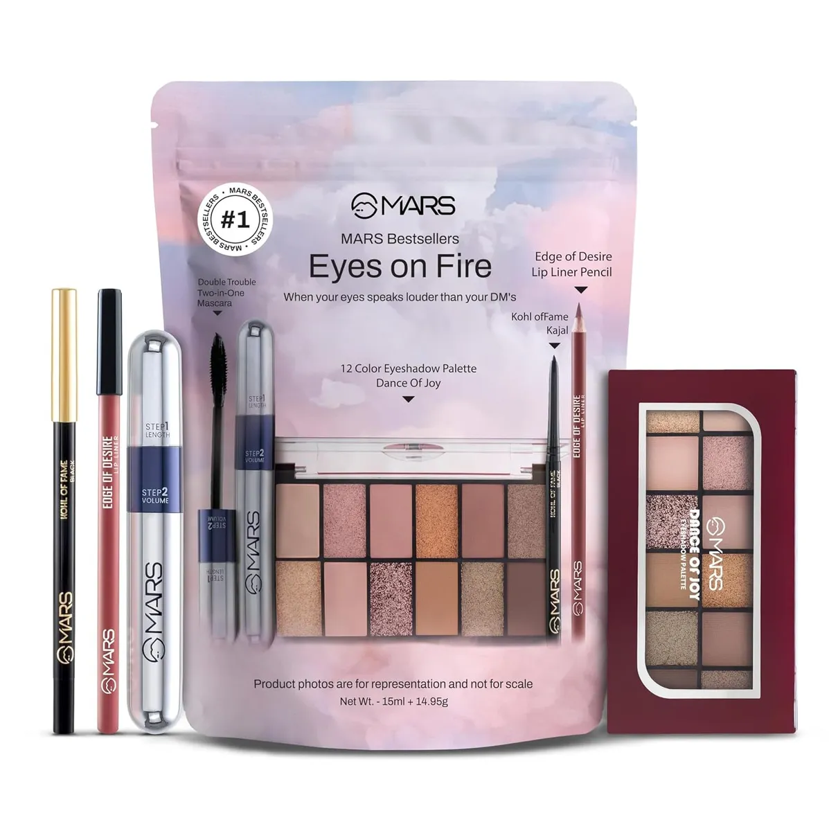MARS Eyes On Fire Eye Makeup Gift Set (Pack of 4) | Double Trouble Mascara | Edge of Desire Lip Pencil | Kohl of Fame Kajal | Dance of Joy 12 Shades Eyeshadow Palette