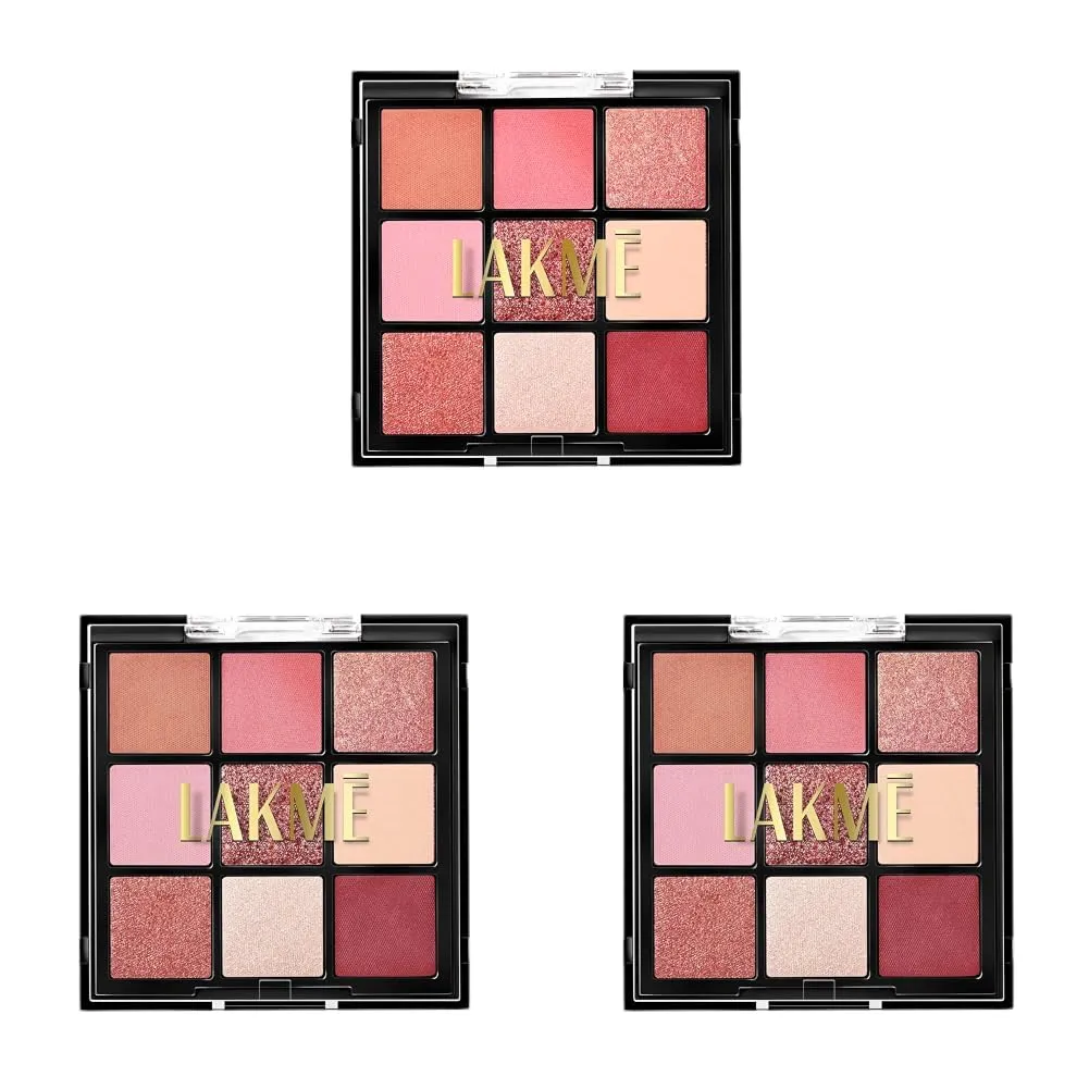 LAKME 9 in 1 Eyeshadow Palette, Blush Bloom, 11.7g, for Glamorous Eye Makeup, with One-Stroke Payoff & Blendable Formula, Matte Shimmer Metallic Shades, for Women (Pack of 3)