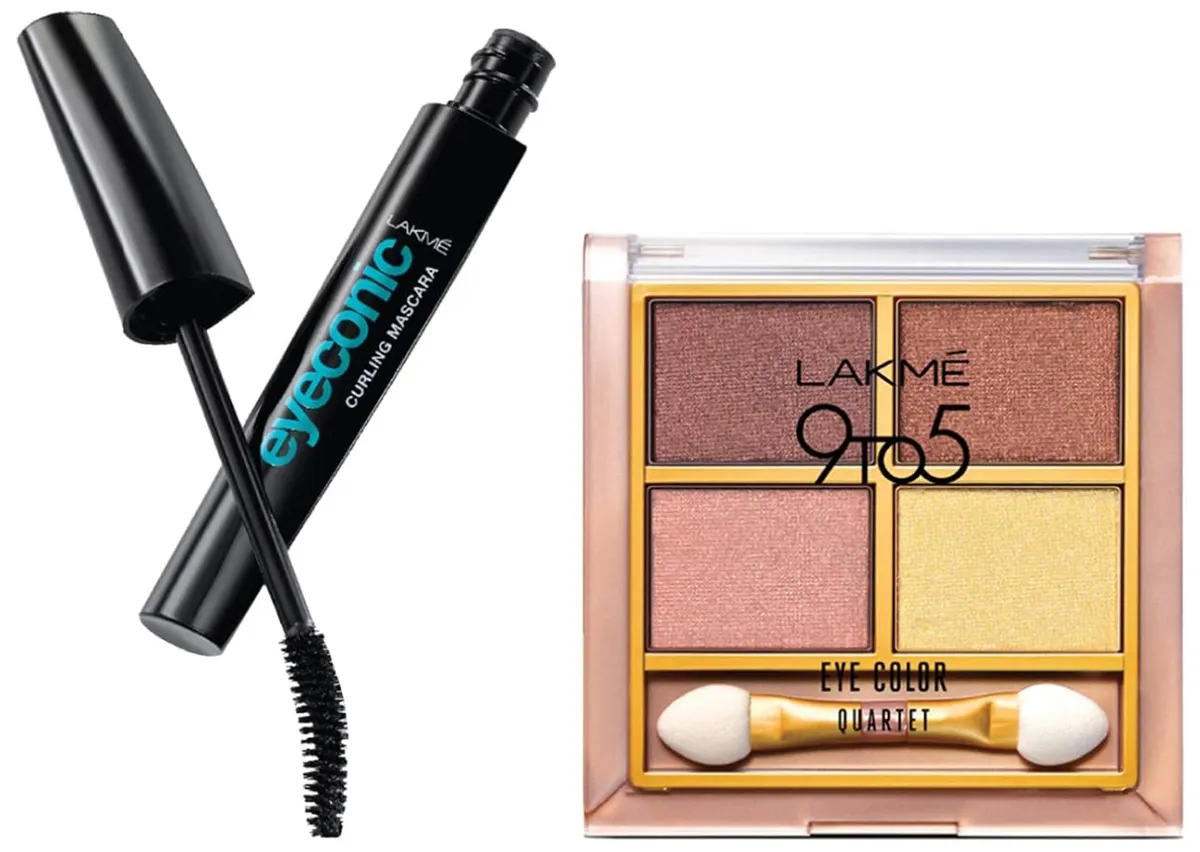LAKMÉ Eyeconic Lash Curling Mascara, Black, 9Ml And Lakme 9 To 5 Eye Color Quartet Eye Shadow, Desert Rose, 7G