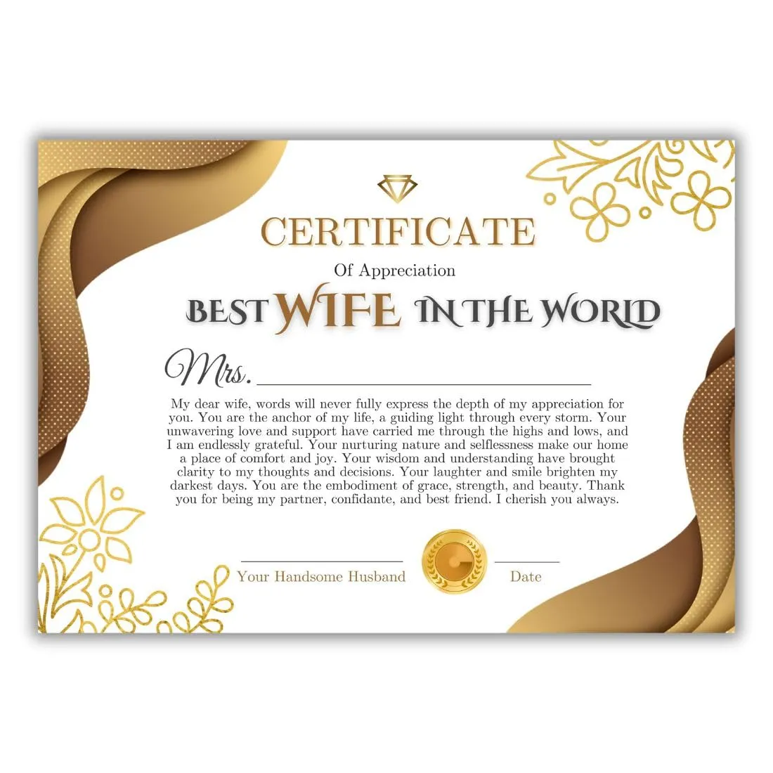 AanyaCentric A4 Size 8.3x11.7inches World Best Wife Certificate For Lover Greeting Card Birthday Anniversary Gift For Wifey Love Girlfriend