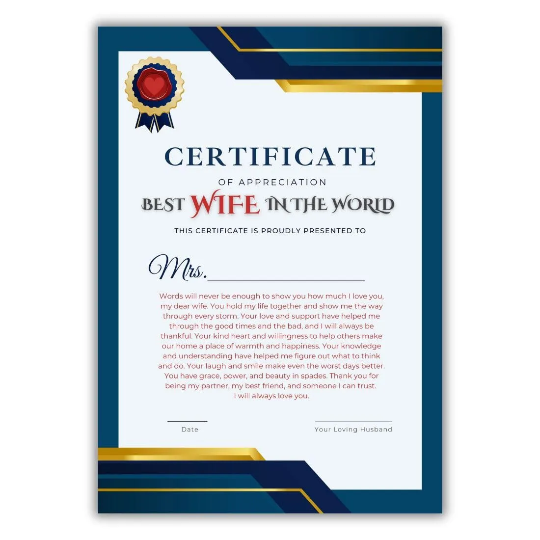AanyaCentric A4 Size 8.3x11.7inches Best Wife Certificate For Lover Greeting Card Birthday Anniversary Gift For Wifey Love Girlfriend