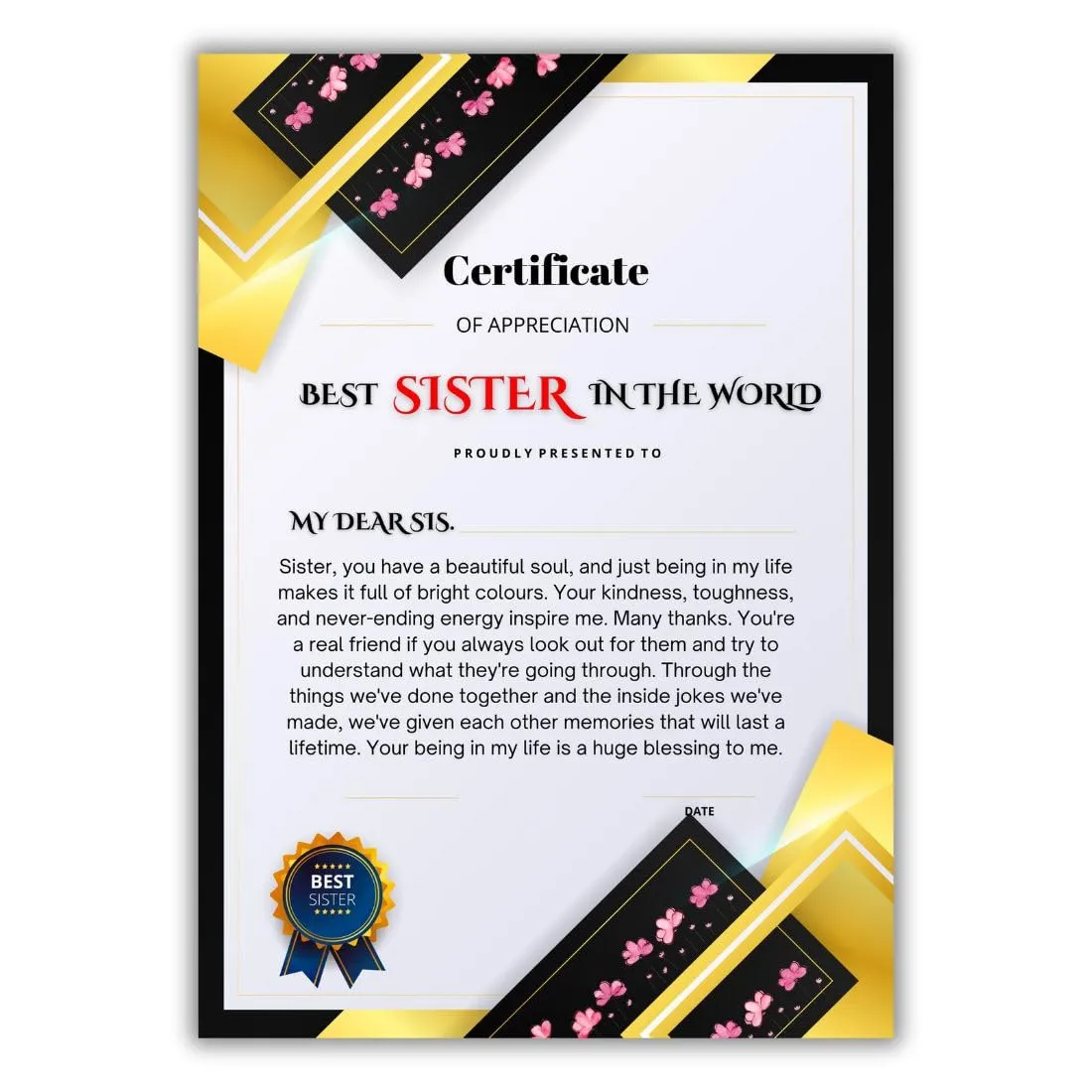 AanyaCentric World's Best Sister Certificate A4 Size 8.3x11.7inches Award Younger Elder Big Sis Sissy Greeting Card with Envelope For Birthday Gift Unique Items Memorable Occasion