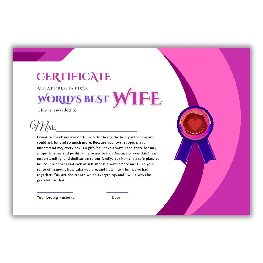 AanyaCentric A4 Size 8.3x11.7inches Best Wife Certificate For Lover Greeting Card Anniversary Birthday Valentine Day Gift For Wifey Love Girlfriend