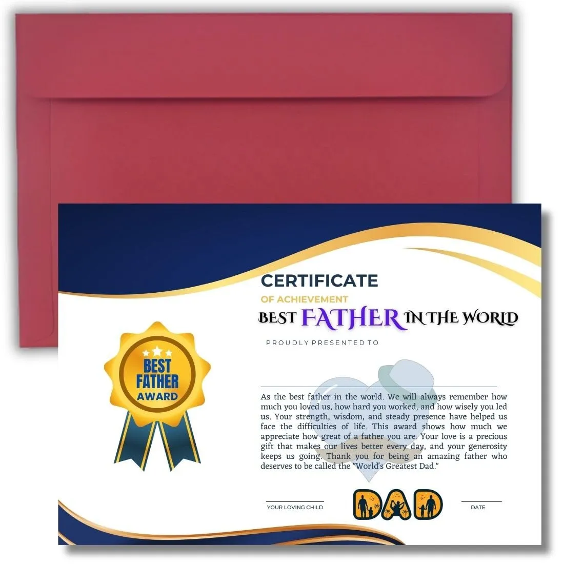AanyaCentric A4 Size 8.3 x 11.7 inch World Best Dad Father Printed Certificate Birthday Greeting Card for Papa Dad Daddy Big Day - without Frame Folder Case