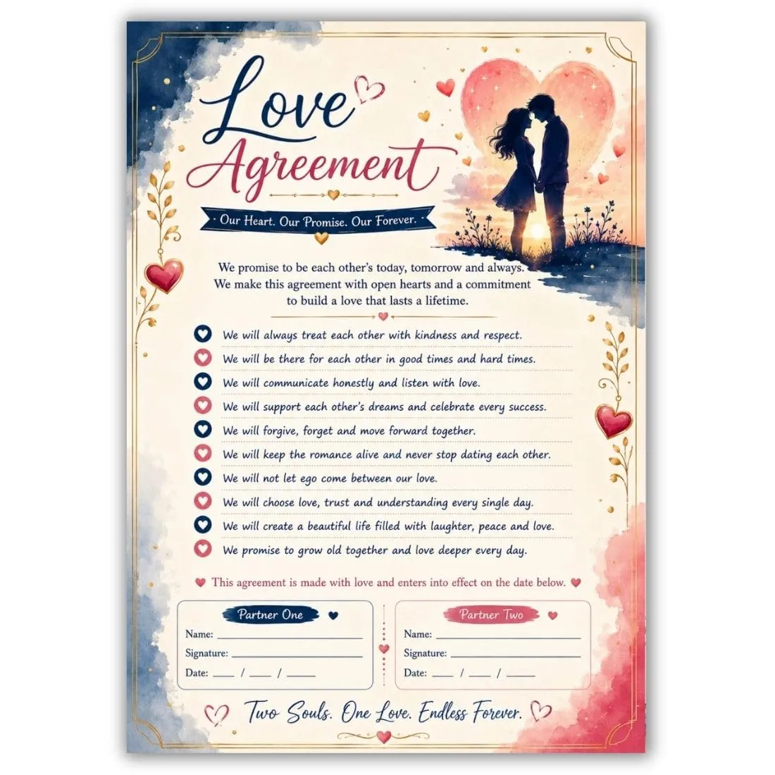 AanyaCentric Love Agreement Card A4 Romantic Couple Valentine