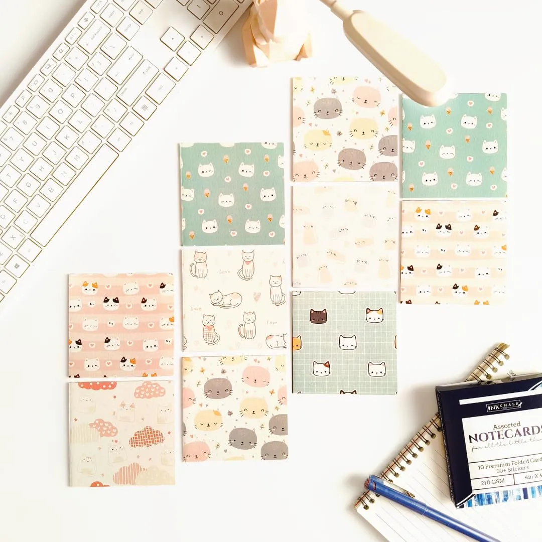 Pastel Paws Greeting Cards Set of 10 | 4x4 Inch Folded Note Cards with 50+ Stickers | Premium, Textured Paper, Natural Shade Paper