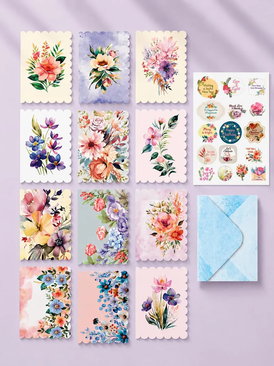 DOODLE Floral Blank Notecards with Envelopes – Set of 24 Mini Greeting Cards with 24 Envelopes & 48 Stickers | Thank You Notes, Gift Enclosures & All Occasion Cards