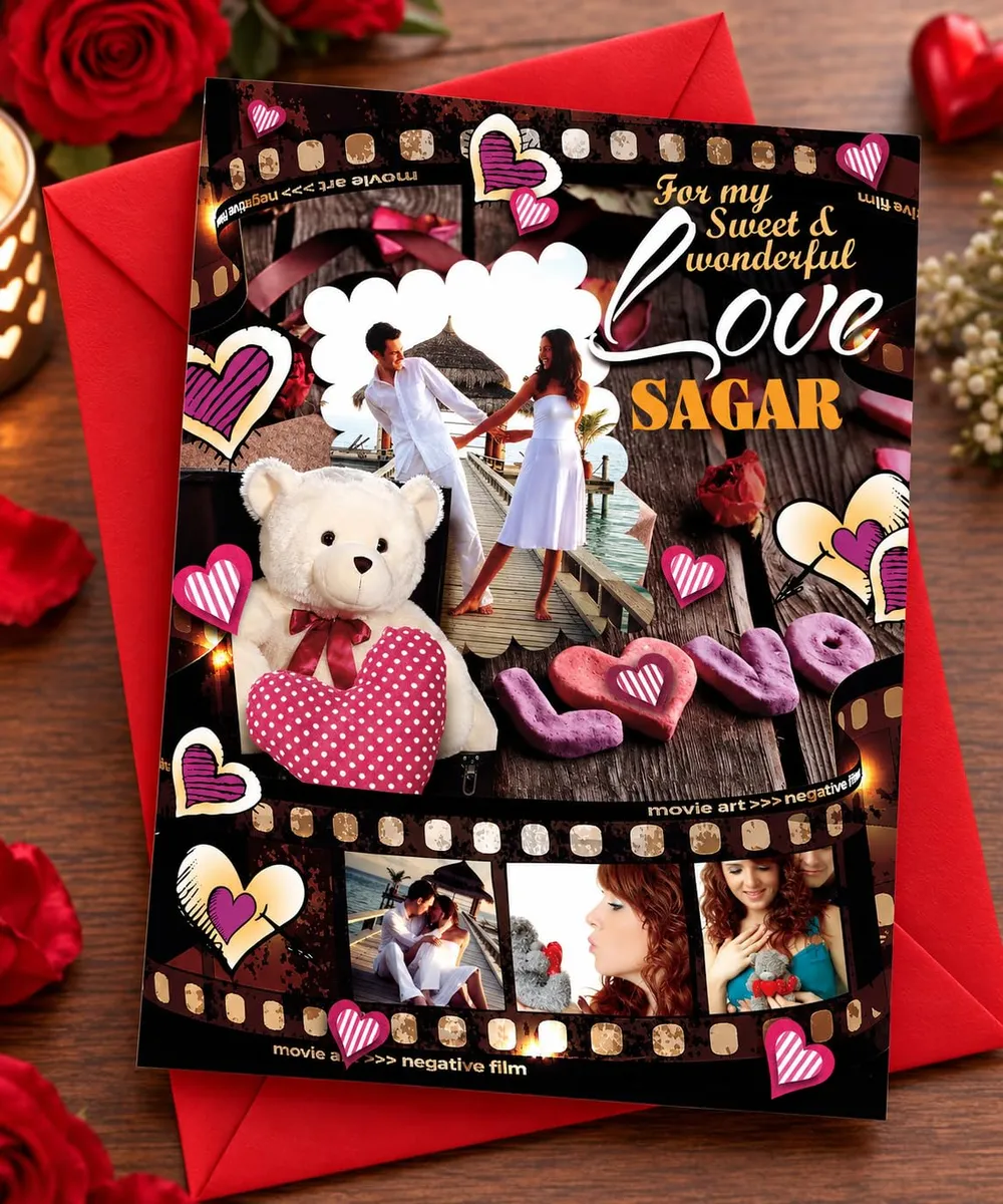 Heart Beat Gift Shop Personalized Love Greeting Card with 13 Photos, Customized Romantic Photo Card with Name & Love Message, Couple Memory Collage Card with Heart & Filmstrip Design, Gift for Husband Wife Boyfriend Girlfriend