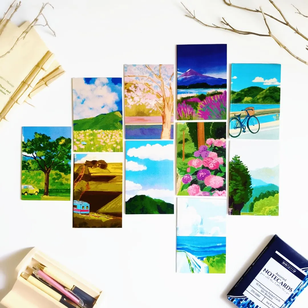 Inked Landscapes Greeting Cards Set of 10 | 4x6 Folded Note Cards | Premium, Textured Paper, Natural Shade Paper | 50+ Stickers