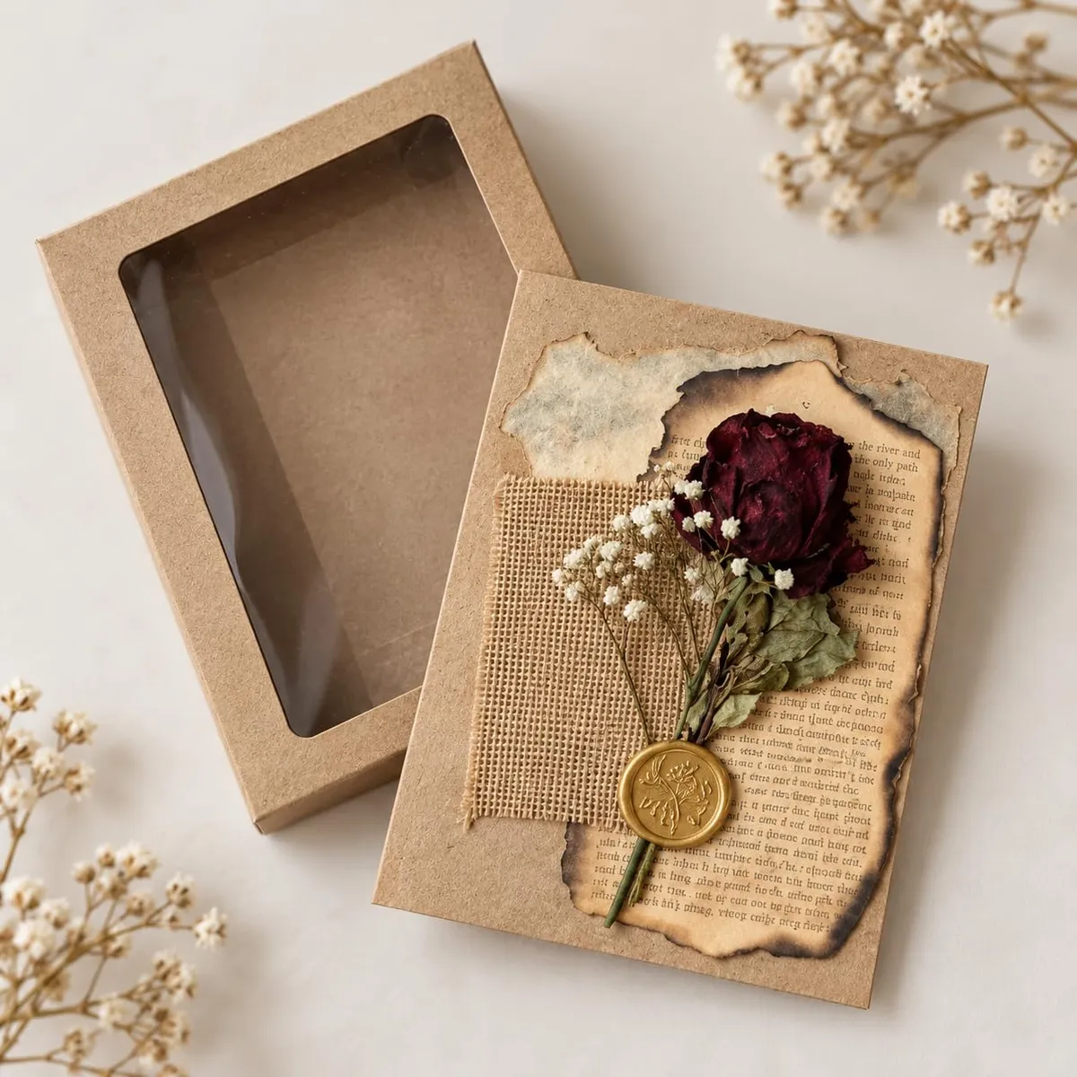 IGNIQUE Vintage Style Handmade Greeting Card with Window Box | Real Dried Flowers, Wax Seal | Customise Handwriten Note | Birthday, Wedding, Valentine's Day and Other Special Occasions