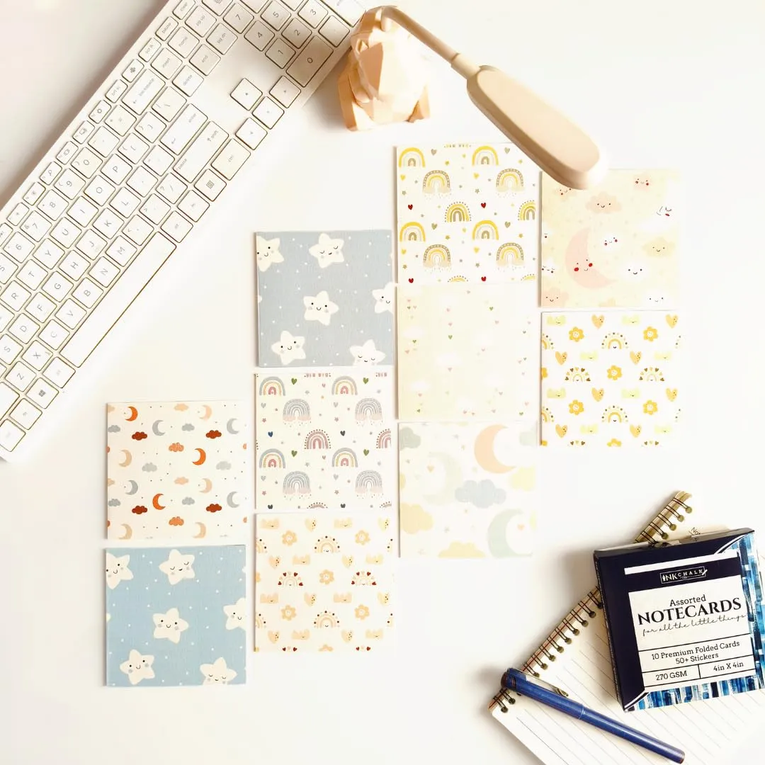 Sweet Sky Greeting Cards Set of 10 | 4x4 Inch Folded Note Cards with 50+ Stickers | Premium, Textured Paper, Natural Shade Paper
