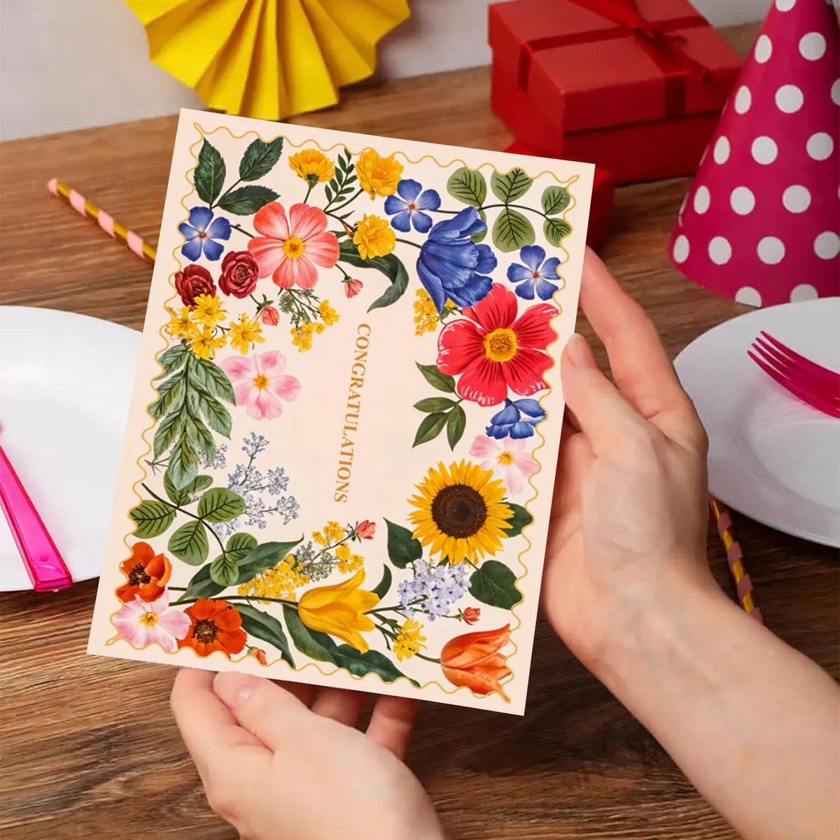 Party Propz Congratulations Greetings Card - Set of 1 Pc Best Wishes Card For Gift Packing | Gift Cards | Congratulations Wedding card | Anniversary Cards | Multicolor Floral Print (Cardstock)
