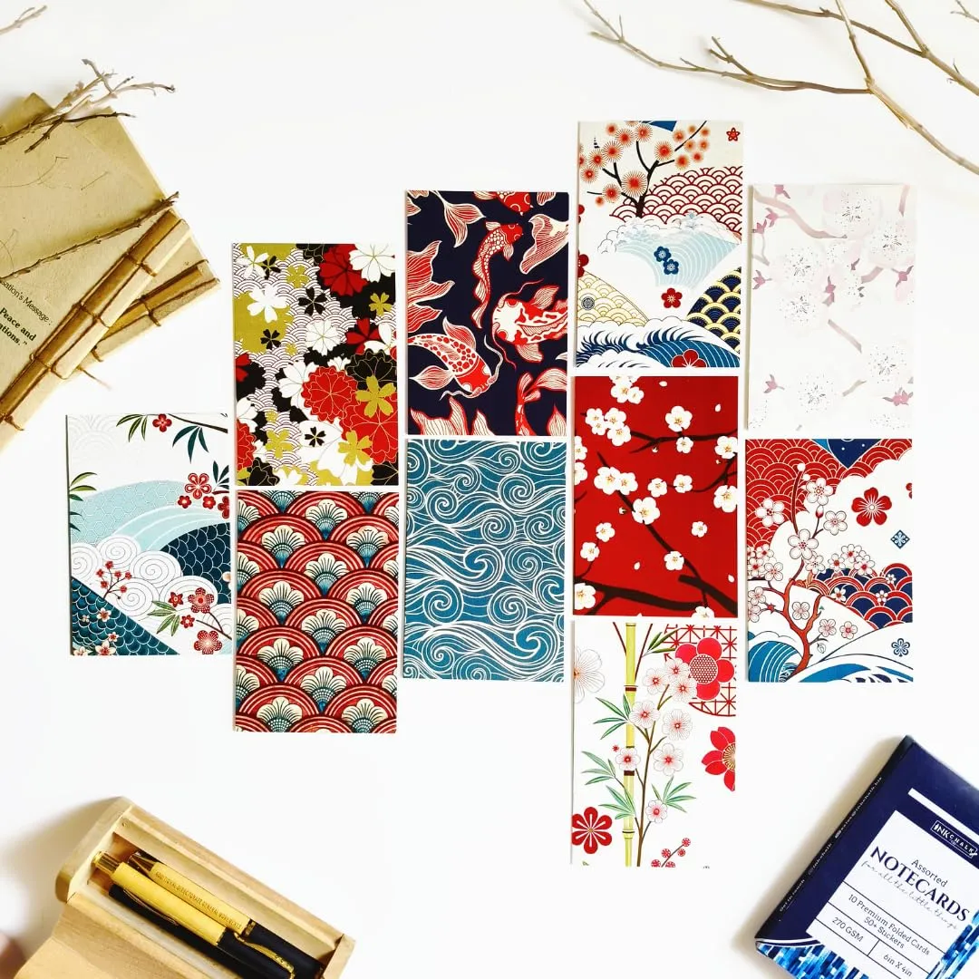 Japanese Patterns Greeting Cards Set of 10 | 4x6 Folded Note Cards | Premium, Textured Paper, Natural Shade Paper | 50+ Stickers