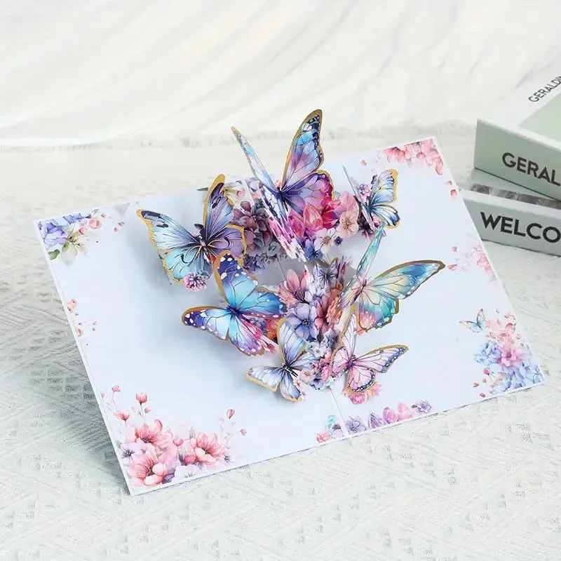 3D Pop-Up Butterfly Greeting Card, Floral Design with Blue and Pink Butterflies, Perfect for Birthdays and Special Occasions
