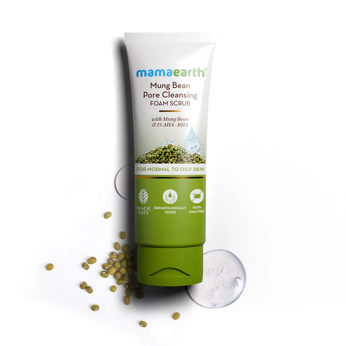 Mamaearth Mung Bean Pore Cleansing Face Scrub with Mung Bean, AHA BHA - 100g | Face Scrub for Oily Skin | India's 1st Foam Scrub for Deep Pore Cleansing | Gentle Exfoliation | Oil Control | Tan Removal