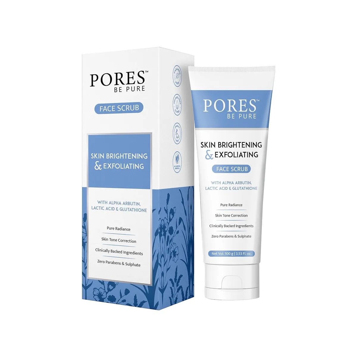 PORES Be Pure Skin Brightening Face Scrub For Women & Men - 100 GM | Gentle Exfoliating Scrub for Face With Glutathione & Glycolic Acid | Blackhead & Dead Skin Remover Exfoliator for Glowing Skin