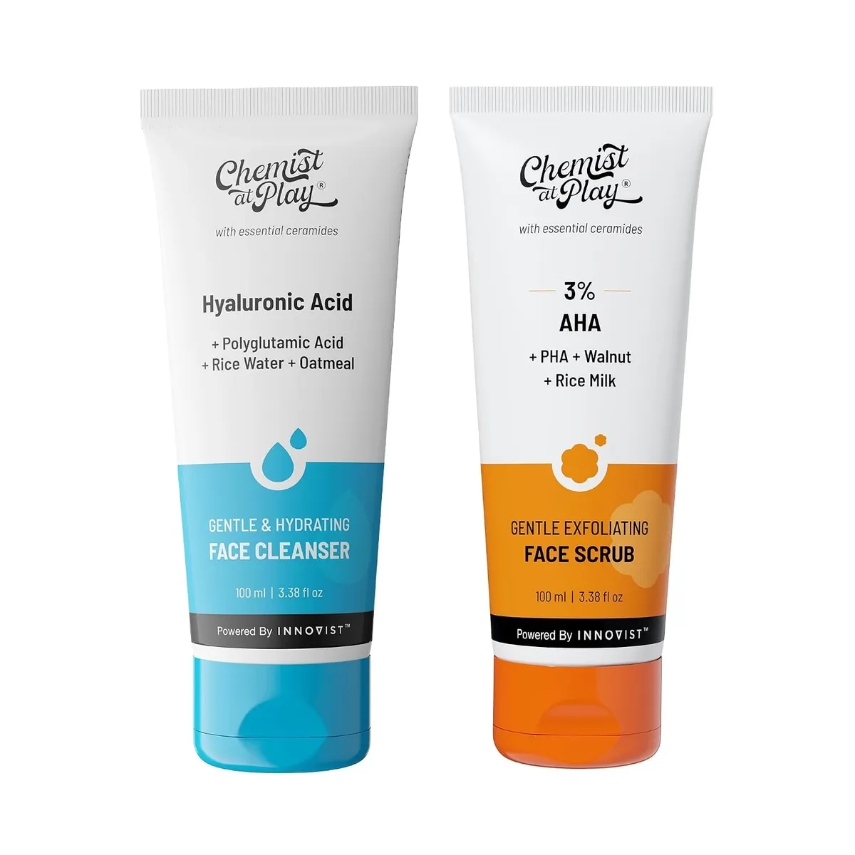 Chemist At Play Gentle & Hydrating Face Cleanser + Gentle Exfoliating Face Scrub with Mandelic Acid & Walnuts| Hydrates Dull & Dry Skin | Prevents Acne & Removes Excess Oil | For Men & Women | (100ml each) | Pack of 2