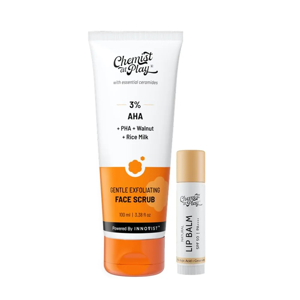 Chemist At Play Gentle Exfoliating Face Scrub & Natural SPF 50 Lip Balm Combo | Removes Dead Skin, Hydrates & Brightens | 100ml + 4.5g