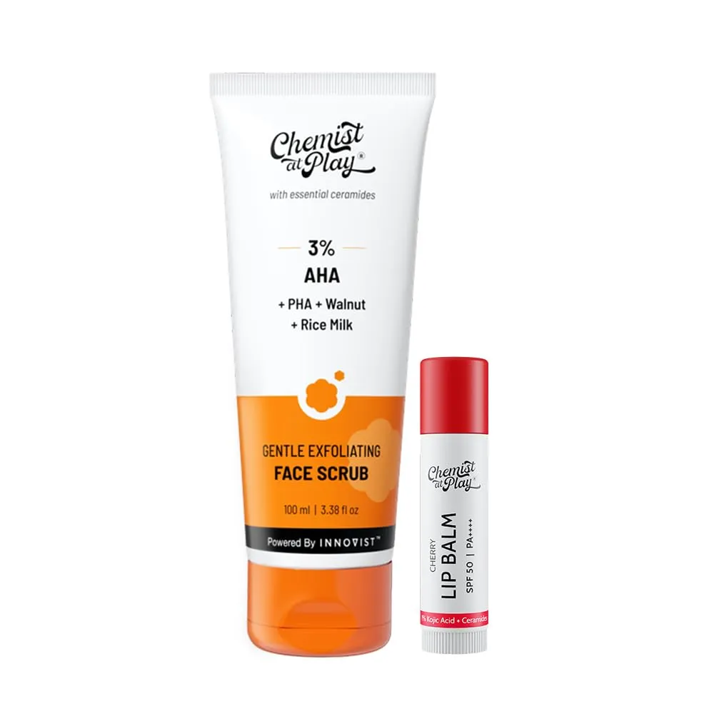 Chemist At Play Gentle Exfoliating Face Scrub & Tinted Cherry Lip Balm Combo | Exfoliates, Brightens & Hydrates | SPF 50 PA++++ | 100ml + 4.5g