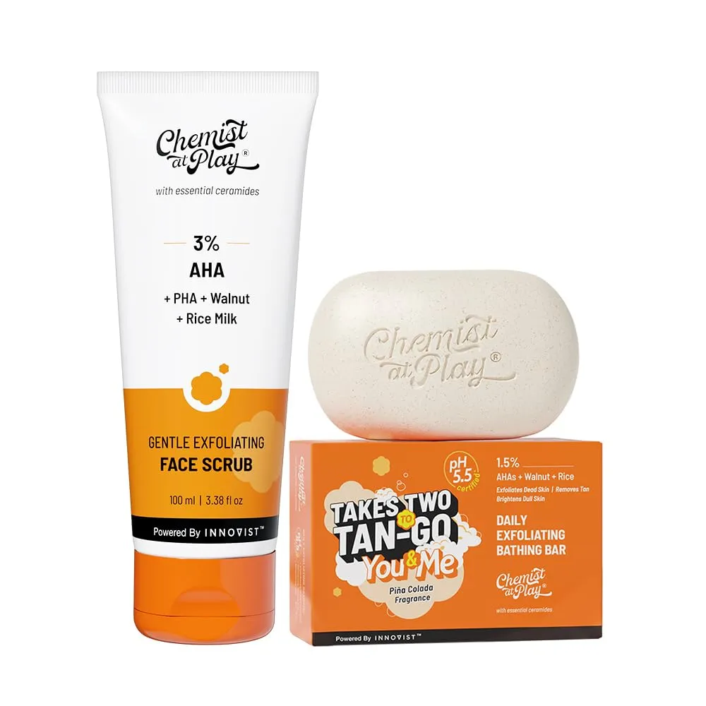 Chemist At Play Exfoliating Face Scrub & Daily Exfoliating Bathing Bar Combo | Mandelic Acid, Walnut & AHA | Smooth, Bright Skin | 100ml + 100g