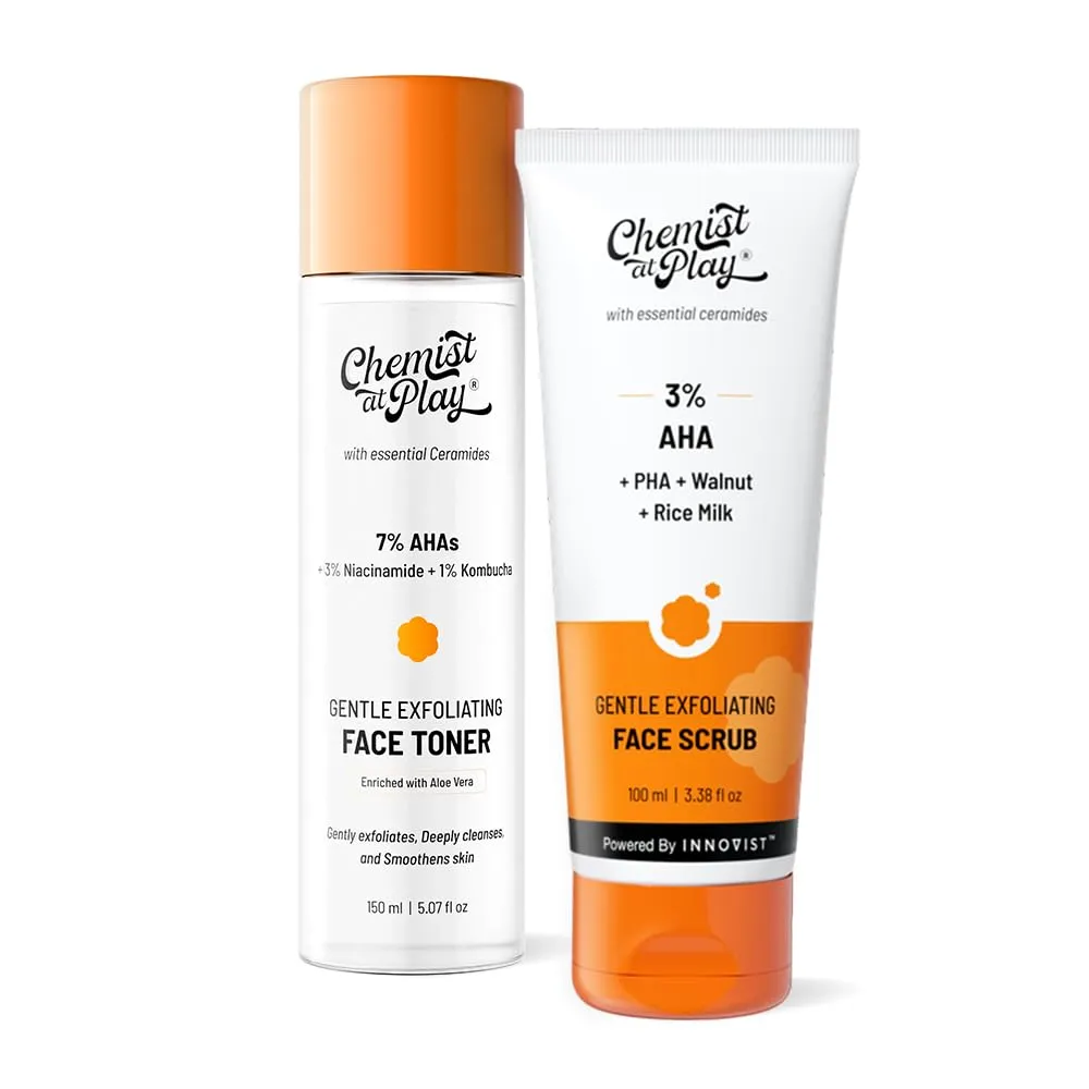 Chemist At Play Exfoliating Face Scrub & Glycolic Acid Face Toner Combo | Mandelic Acid, AHA & Niacinamide | Smooth & Hydrated Skin | 100ml + 150ml