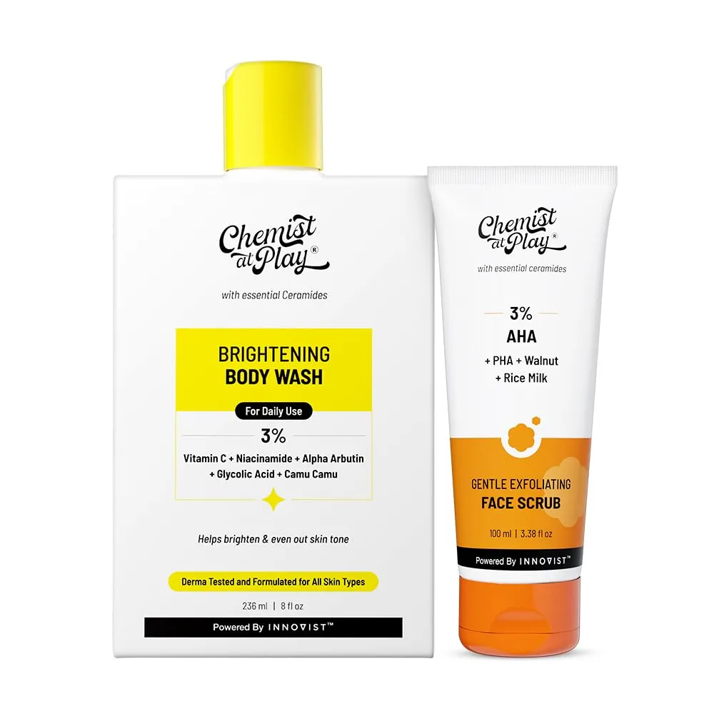 Chemist At Play Gentle Exfoliating Face Scrub & Brightening Body Wash Combo | Exfoliates, Cleanses & Smoothens Skin | 100ml + 236ml