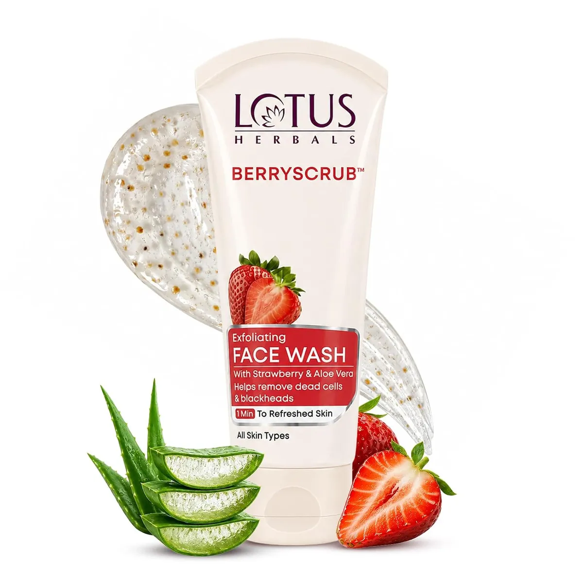 Lotus Herbals Berryscrub Strawberry & Aloe Vera Exfoliating Face Wash | Deep Cleaning | Blackhead Removal | For All Skin Types | 120g