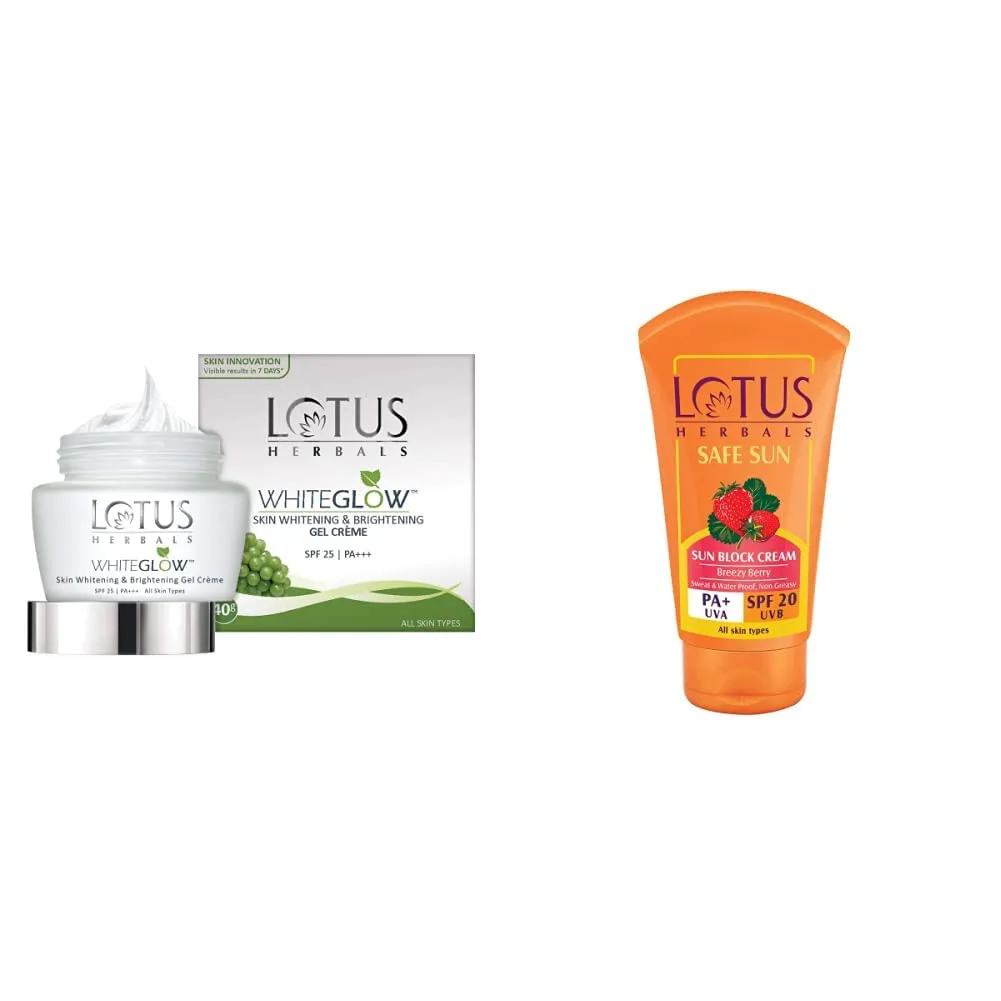 Lotus Herbals WhiteGlow & Safe Sun Skincare Bundle | Whitening & Brightening Gel Cream + Sunscreen Cream SPF 20 | Hydrates, Reduces Dark Spots & Protects from Sun | 40g + 50g