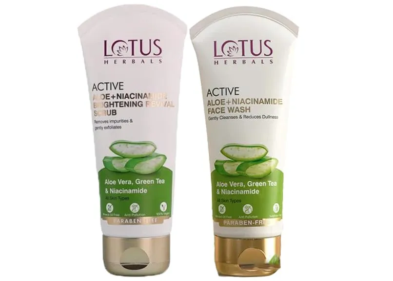 Lotus Herbals Active Aloe + Niacinamide Brightening FACE WASH 100g, Scrub 100g Set of 2