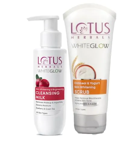 Lotus Whiteglow Cleansing Milk, 80ml+Lotus Herbals WhiteGlow Skin Brightening Oatmeal & Yogurt Scrub 150g
