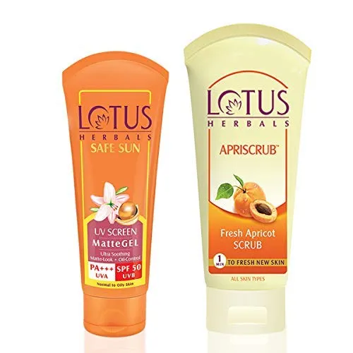 Lotus Herbals Safe Sun UV Screen Matte Gel Pa+++ SPF-50, 50g with Apriscrub Fresh Apricot Scrub, 100g