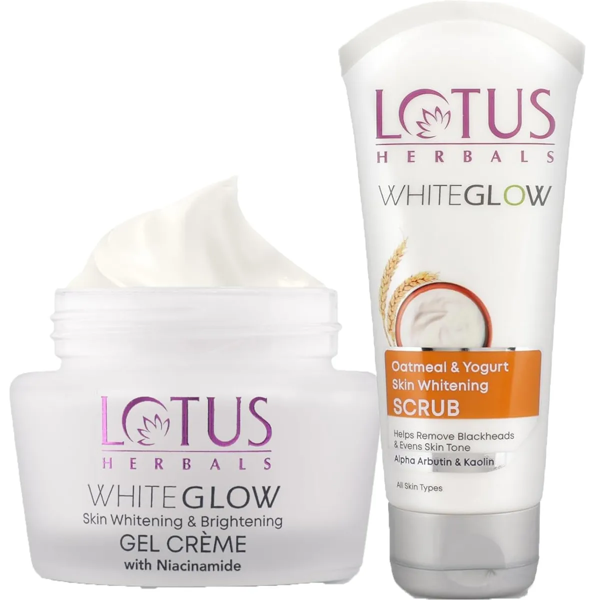 Lotus Herbals Whiteglow Skin Whitening & Brightening Gel Cream SPF 25 Pa +++, 60g| Oatmeal & Yogurt Skin Whitening Scrub, 50g