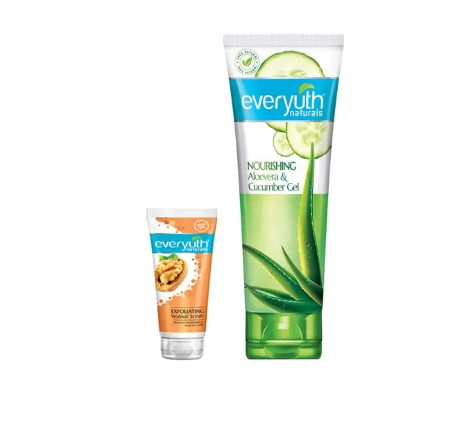 Everyuth Naturals Exfoliating Walnut Scrub, 25gm and Nourishing Aloe Vera & Cucumber Gel, 150gm, Combo Pack