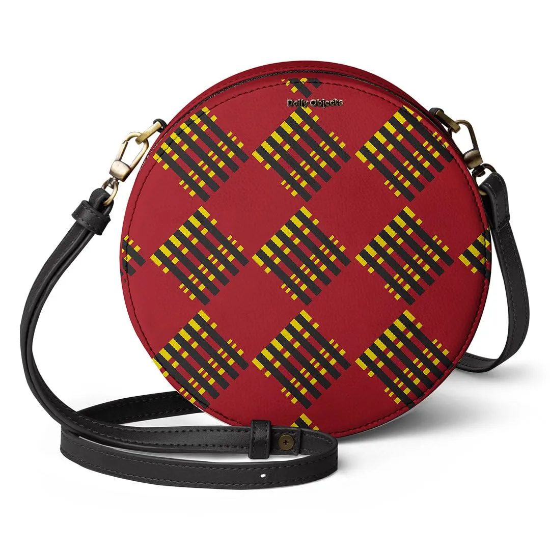 DailyObjects Printed Orbis Round Sling Crossbody Bag For Women| Red Striped Checks Print Vegan Leather Purse With Slip Pocket Inside| Zip Closure & Adjustable Strap| Storage Space For Essentials