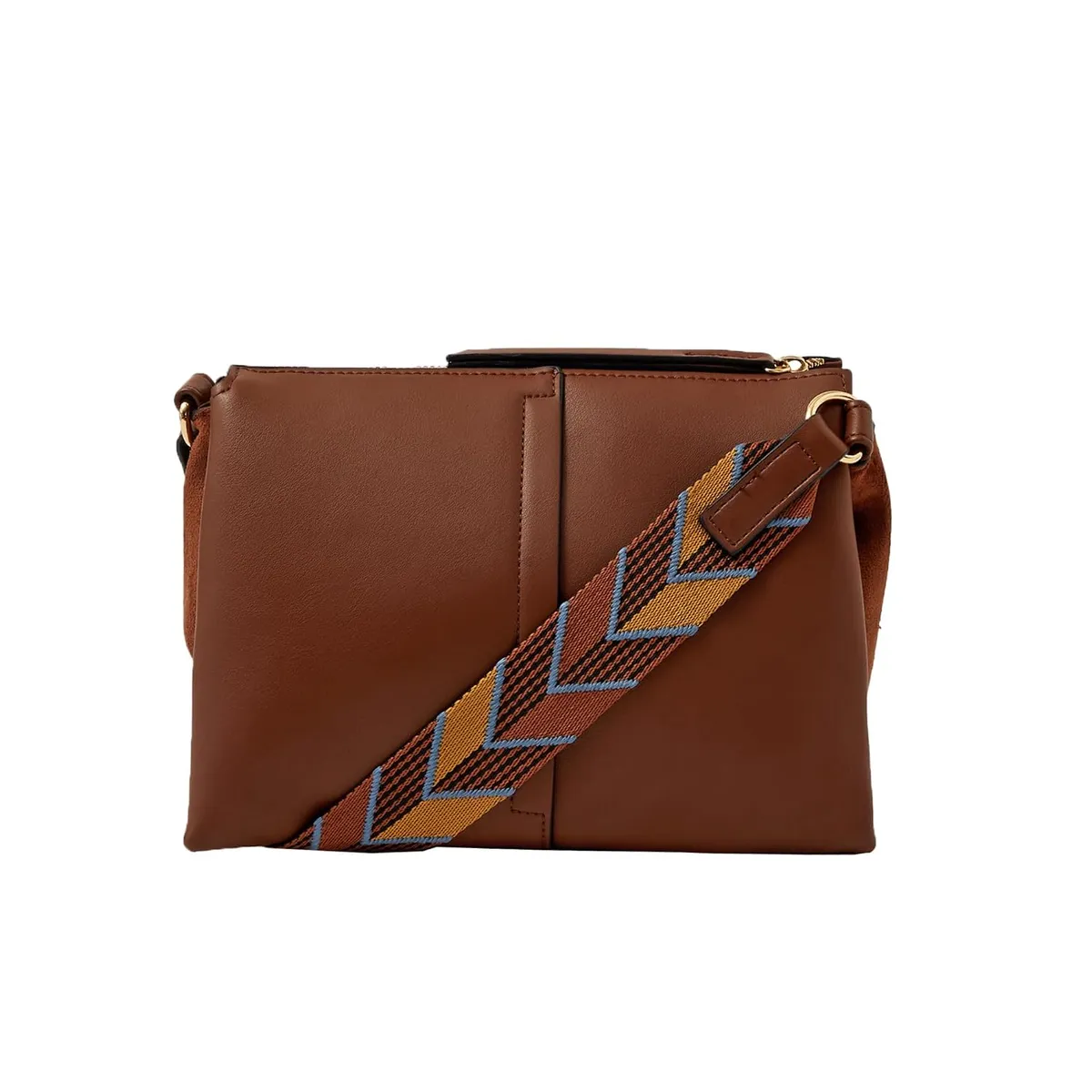 Accessorize London Women's Tan Brown Triple Gusset Zip Sling Bag | Multi Compartment Side Bag for Ladies | Shoulder Bag with Wide Patterned Strap