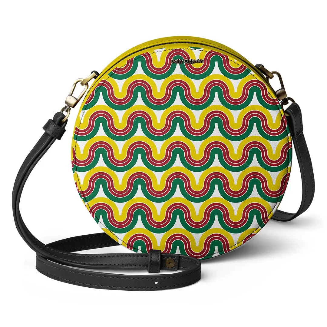DailyObjects Printed Orbis Round Sling Crossbody Bag For Women| Stylish Wavey Maroon Print Vegan Leather Purse With Slip Pocket Inside| Zip Closure & Adjustable Strap| Storage Space For Essentials