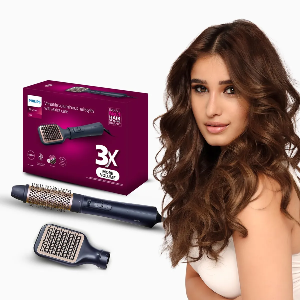 Philips India’s No.1 Hair Styling Brand 2-in-1 Airstyler | Straightening Brush + Hot Air Brush Combo | 3X Volume | 50% Less Breakage,2 Attachments, 3 Heat Settings, Cool Shot, For Indian Hair