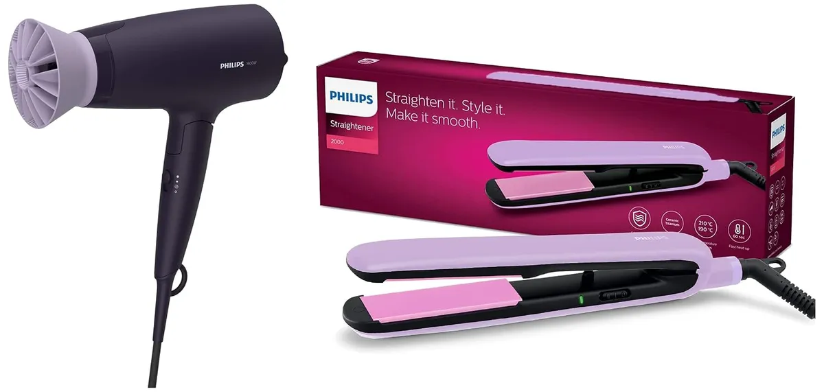 Philips Hair Dryer BHD318/00 1600 Watts Thermoprotect AirFlower Advanced Ionic Care 3 Heat & Speed Settings to Give Frizz Free Shiny Hair-Purple & BHS393/40 Straightener with SilkProtect Technology.