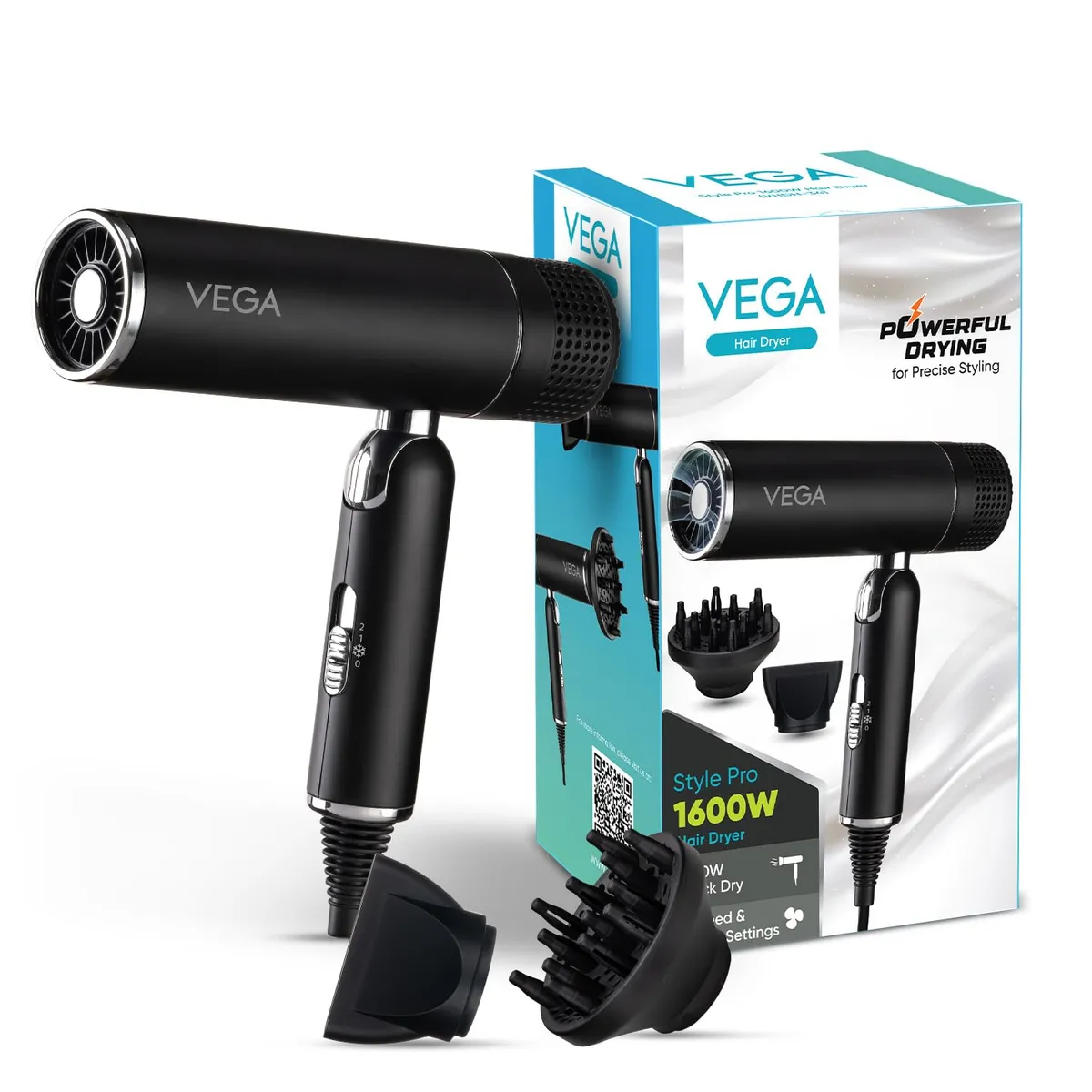 VEGA Style Pro 1600W Foldable Hair Dryer with 2X Faster Drying, 3 Heat and 2 Speed Settings, 16 Amp Plug Concentrator Nozzle & Diffuser, Hair Dryer for Men and Women, 2 Year Warranty (VHDH-34)