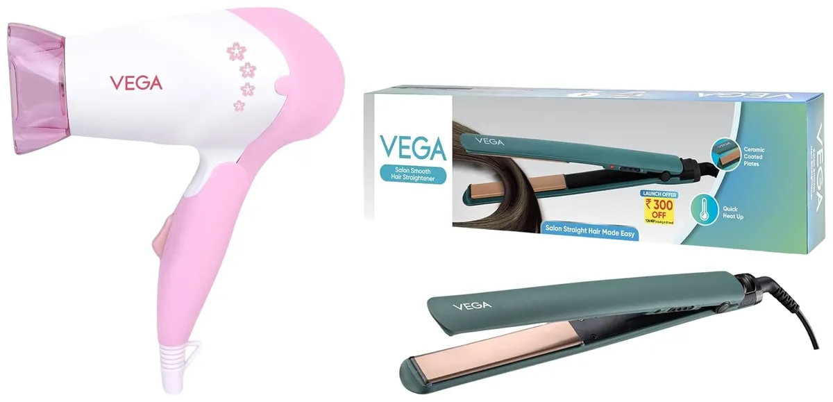 Vega Salon Smooth Hair Straightener for Women with Ceramic Coated PlatesGreen & VEGA Insta Glam Foldable 1000 Watts Hair Dryer With 2 Heat & Speed Settings,