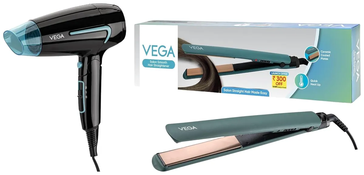 Vega Hair Dryer for Women & Men with Cool Shot Button, (U-Style Dryer 1600 Watts, VHDH-24) & Vega Salon Smooth Hair Straightener for Women with Ceramic Coated PlatesGreen
