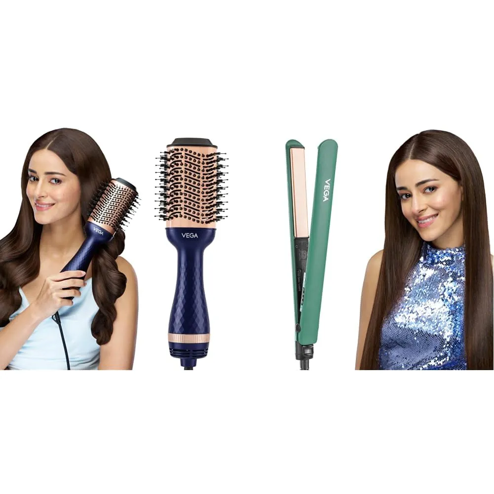 Vega Pro Volumizer Hair Blow Dryer Brush, 3 in 1 Hot Air Brush + Salon Smooth Hair Straightener for Women with Ceramic (Combo Pack of 2)