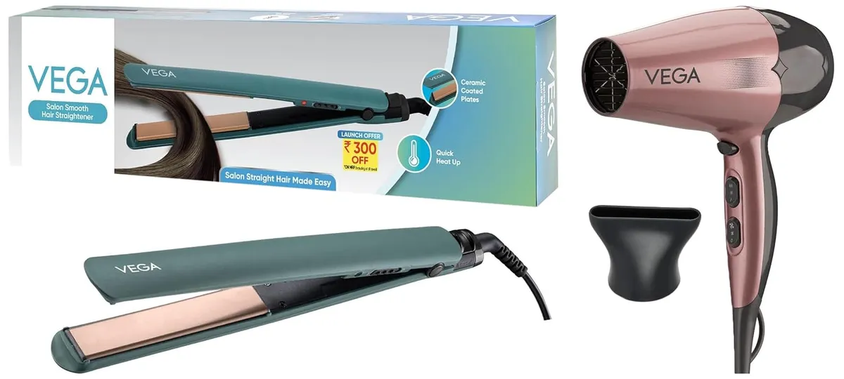 Vega Go Pro 2100W Hair Dryer VHDH-25 – 2 Speed, 3 Temp, Cool Shot, Detachable Nozzle for Men & Women and Vega Salon Smooth Hair Straightener VHSH-42 – Ceramic Plates, Quick Heat, Travel