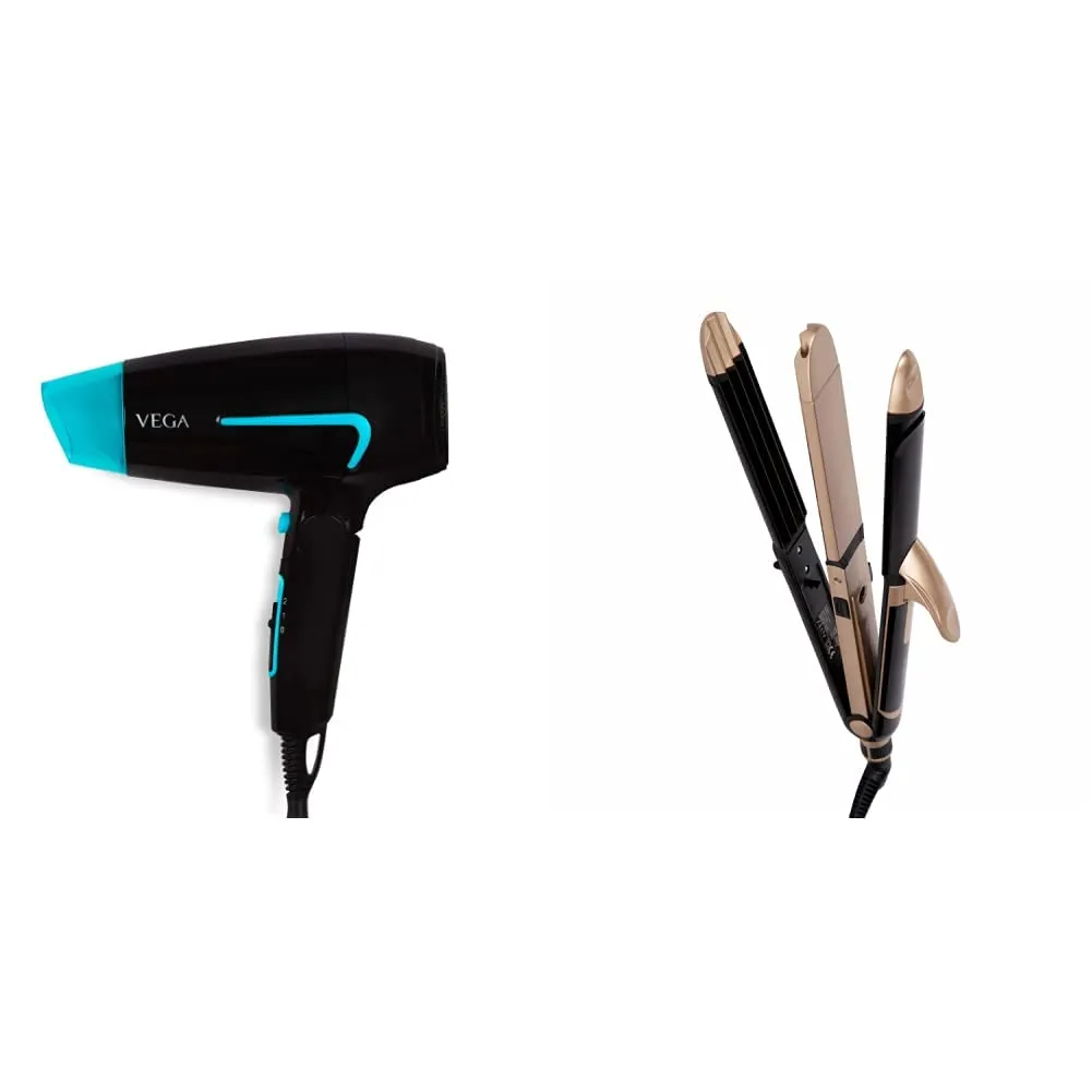 VEGA U-Style 1600 Foldable Hair Dryer For Men & Women With Cool Shot Button, Black & VEGA 3 in 1 Hair Styler, Straightener, Curler & Crimper (VHSCC-01), Black
