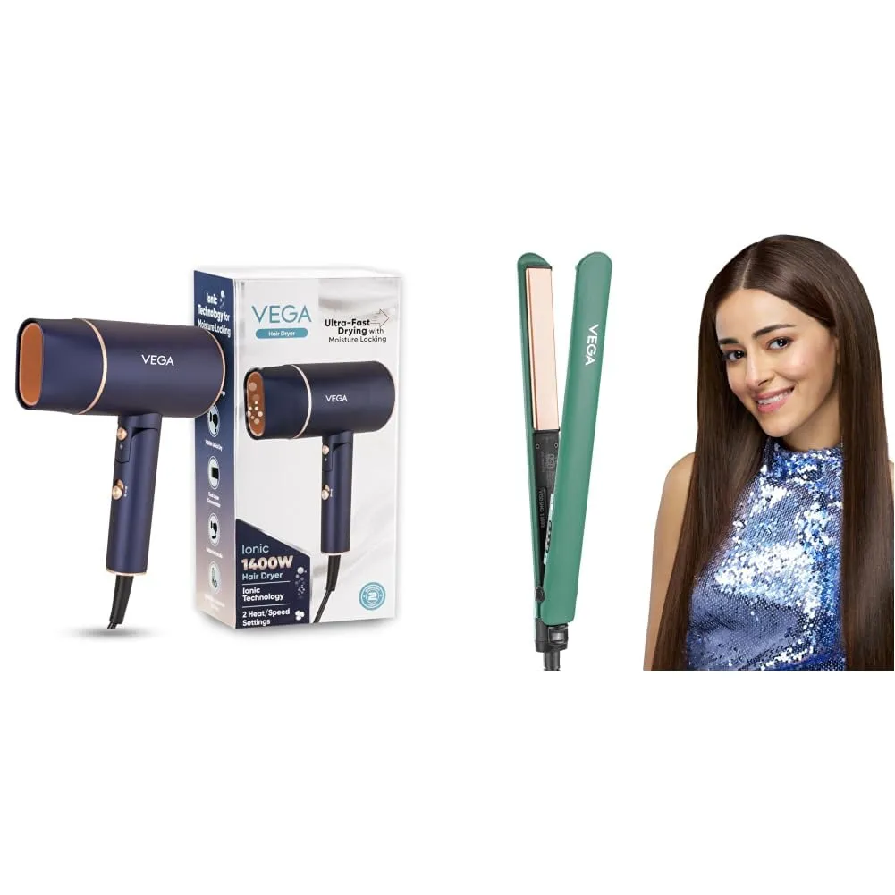 Vega Ionic 1200-1400W Foldable Hair Dryer for Men and Women + Salon Smooth Hair Straightener for Women with Ceramic (Combo Pack of 2)