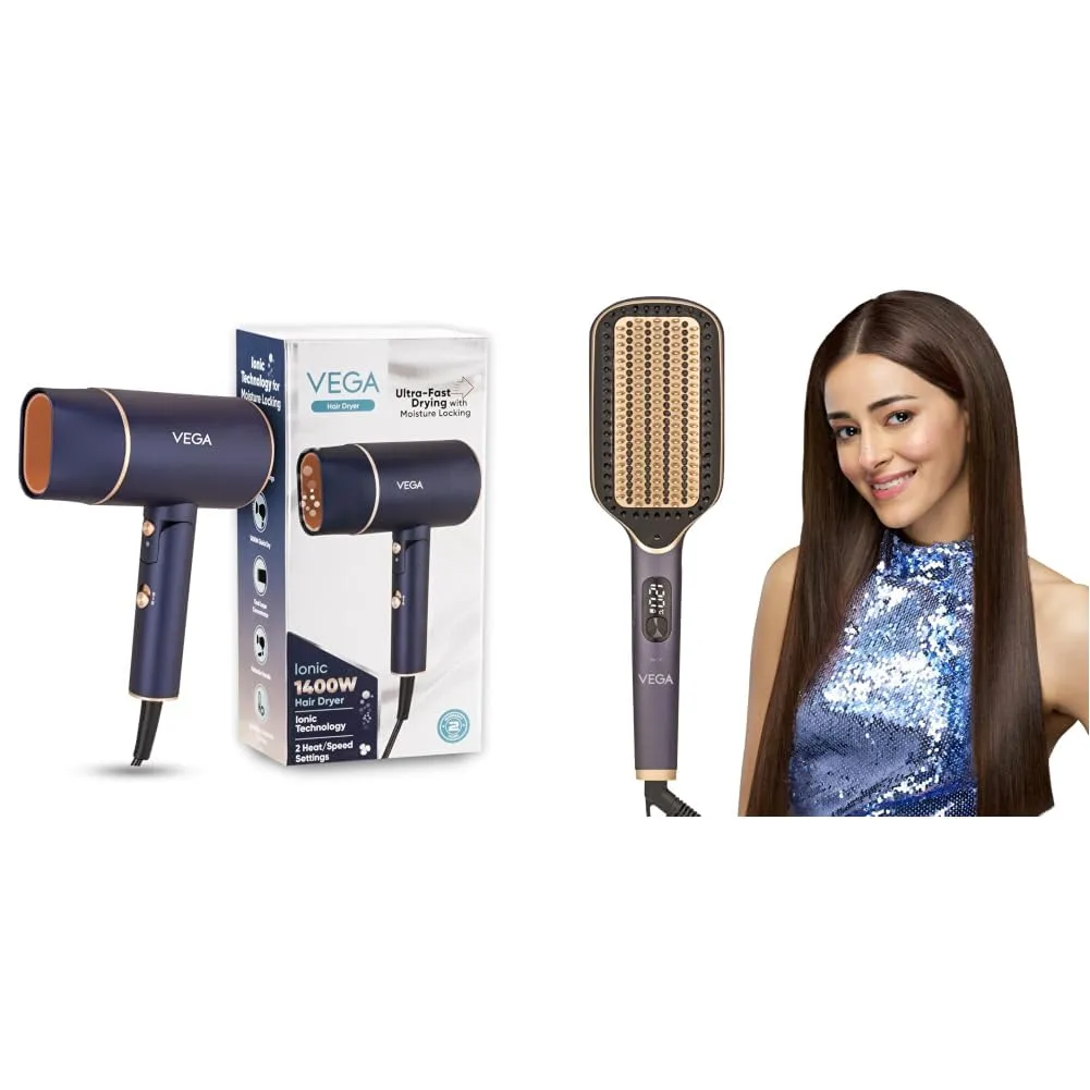 Vega Ionic 1200-1400W Foldable Hair Dryer for Men and Women + Hair Straightener Brush With Up To 12 Hrs Straightening (Combo Pack of 2)