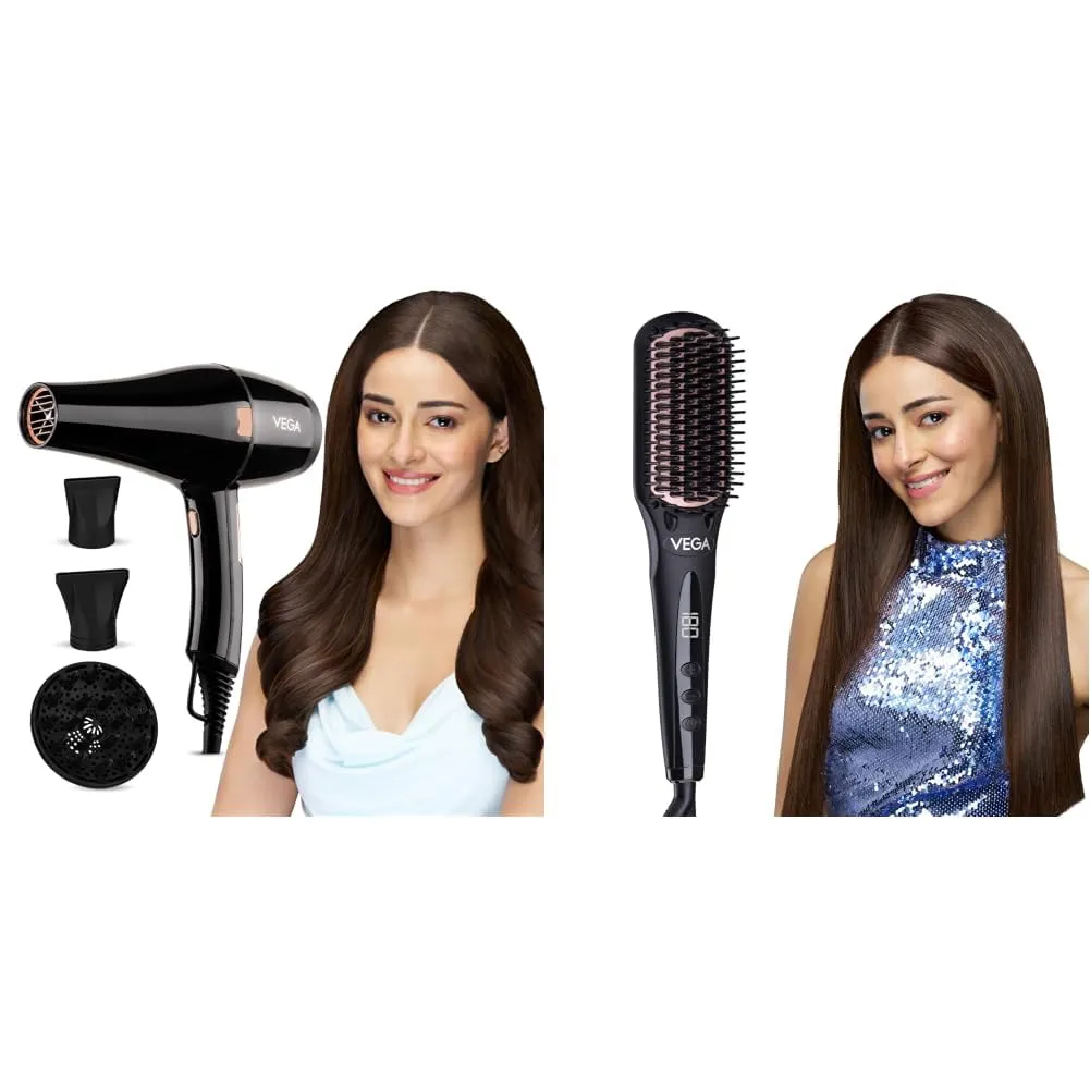 Vega Pro-Xpert 2200W Professional Hair Dryer for Women with 2 + Black Shine Hair Straightener Brush for Women, Straight (Combo Pack of 2)