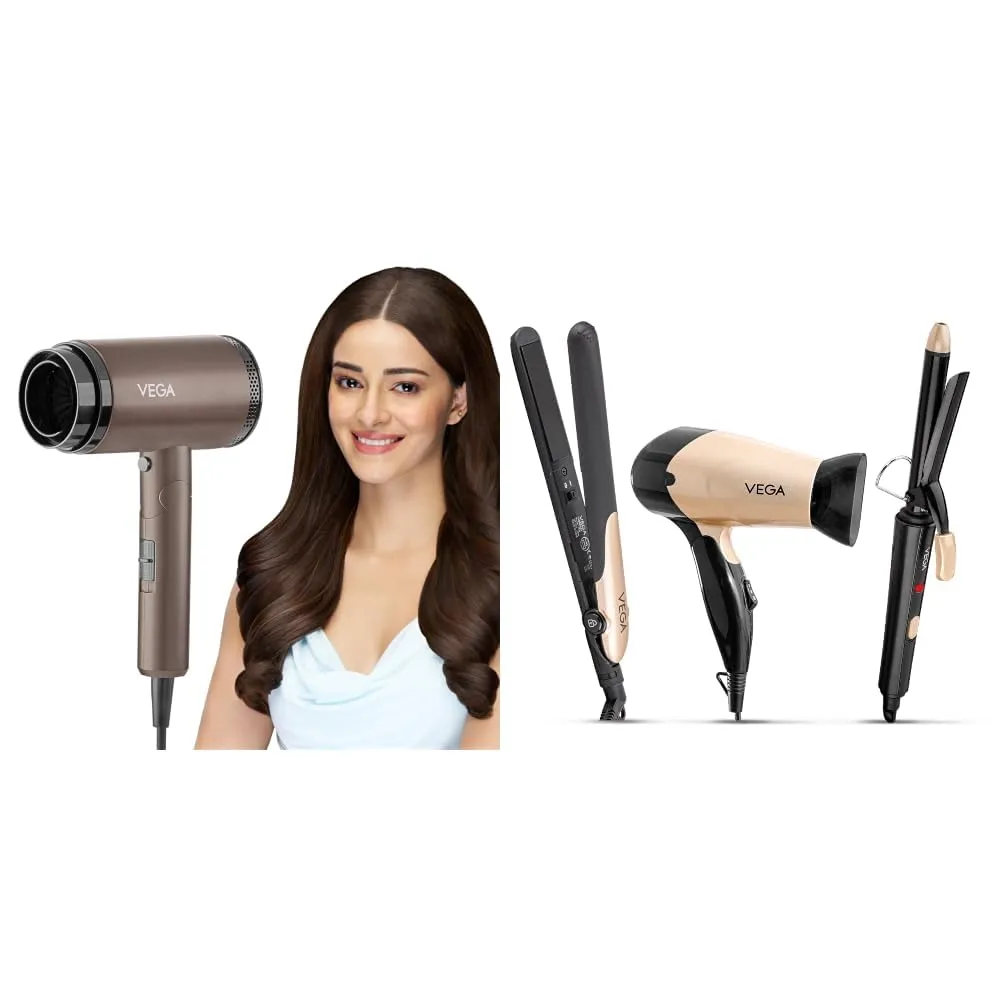 Vega Dry-Up 2000 Watts Hair Dryer For Men & Women with 3 Heat + Miss Versatile Styling Set Straightener, Curler & Dryer (Combo Pack of 2)