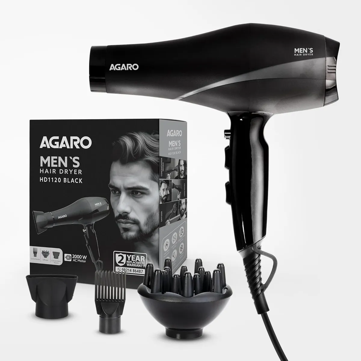 AGARO 2000W AC Professional Hair Dryer with Comb, Concentrator & Diffuser Nozzles, Hot & Cold Air, 2 Speed & 3 Temperature Settings with Cool Shot, 16A Socket, Hair Dryer & Blower for Men, Black