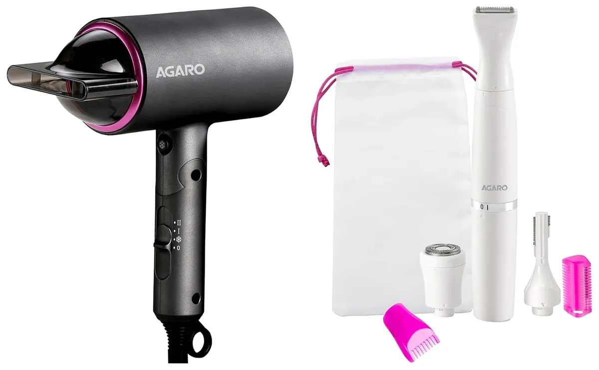 AGARO HD-1214 Hair Dryer with 1400W Motor, 3 Heat Settings & Cool Shot, Black + AGARO Rechargeable 3-in-1 Trimmer for Women, 90 Min Runtime, Face, Bikini, Leg Use, White